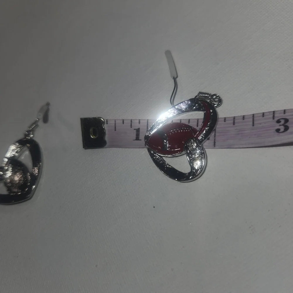 Heart Football Earrings Dangle Drop Silver‎ Tone Red Rhinestone Game Day